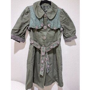 Forest Green Flower Motif Trench Coat